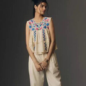 Anthropologie Let Me Be Embroidered Babydoll Swing Tank Top Blouse Natural M